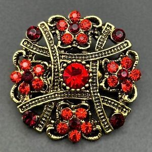 Yellow Gold with Ruby Red and Garnet Red Crystal Flower Pin Back Brooch
